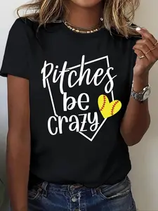Women's Softball Player & Letter Print Round Neck Tee, Casual Short Sleeve Crew Neck T-shirt for Daily Wear, Ladies Clothes for All Seasons, Top