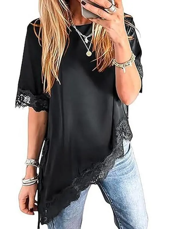 Women's Satin Silk Blouse - Short Sleeve, Loose-Fitting, Asymmetrical, Breathable Pullover Top - Elegant, Feminine, Lightweight, Versatile, Chic Basic Summer Dressy Casual Womenswear Shirt