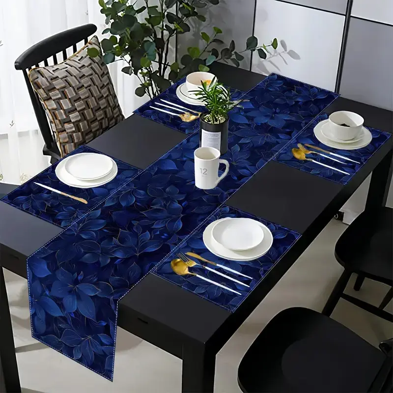 5-piece/7-piece table flag placemat set, Dining table mats, Household placemat, Table Placemats, blue design, home decoration, suitable for indoor and outdoor gatherings, farmhouse style, casual dining, textured placemat, washable, essential for parties