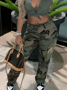 Women's Fall Winter Camo Woven High Waist Cargo Pants, Young Button Fly Streetwear, Fitted Straight Leg Outdoor Travel Essential
