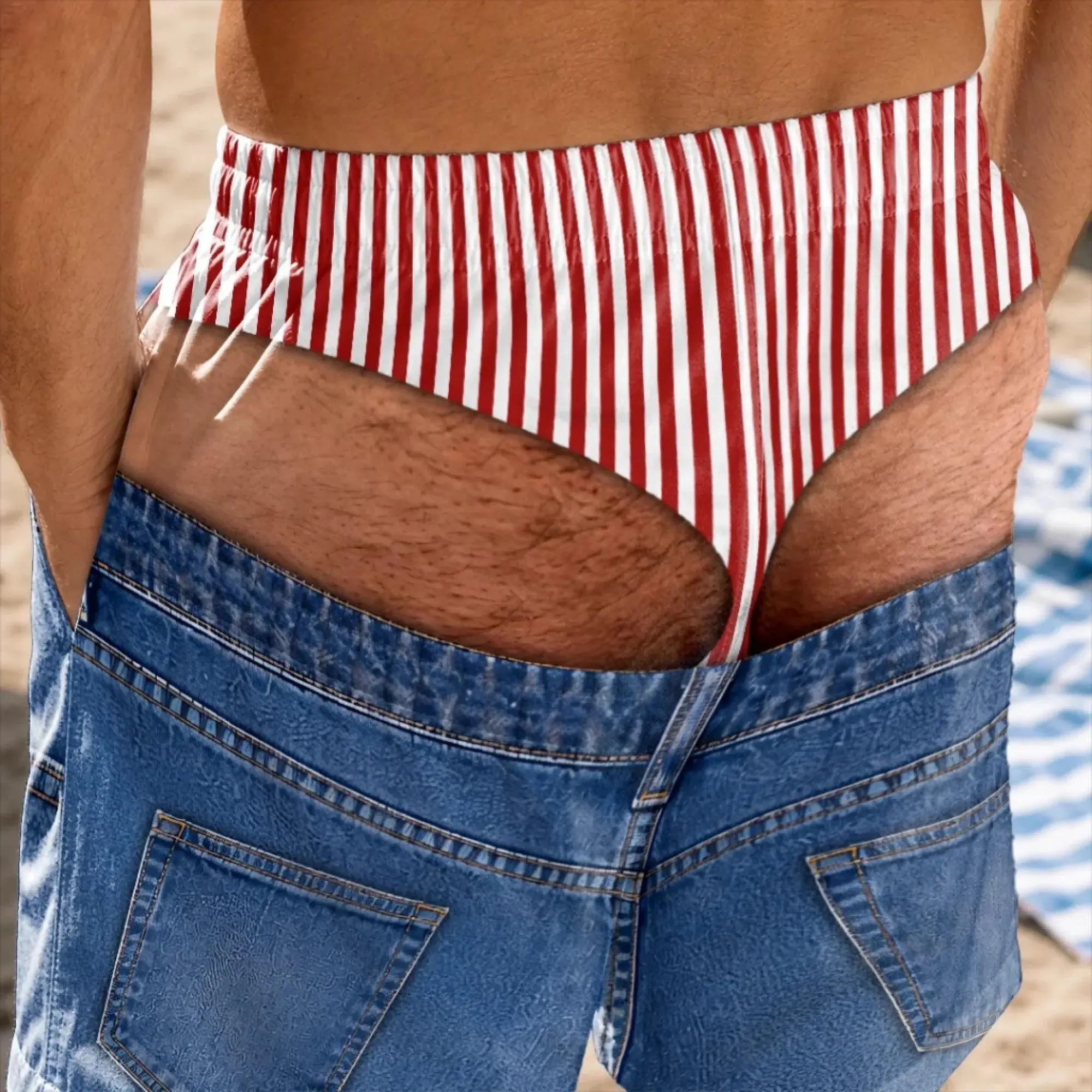 Funny Fake Jeans Swim Trunks for Men, Exposed Underwear Beach Shorts, Bachelor Party Gag Gift