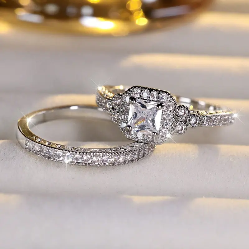 2-Piece Luxury Square Cubic Zirconia Bridal Ring Set - Stackable Promise & Engagement Wedding Bands for Women