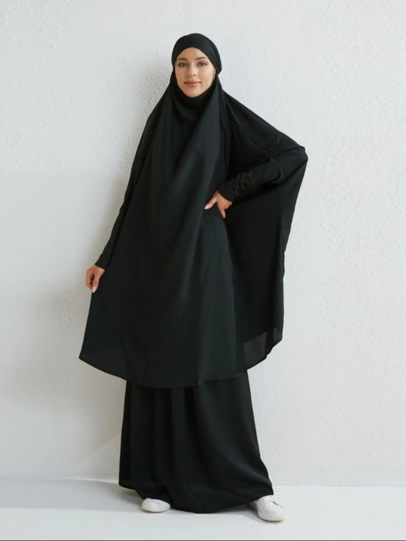 Women's Solid Long Sleeve Islamic Sets, Modest Batwing Abaya Robe with Chiffon Scarf Hijab, Muslim Jilbab Hijab Women Abaya Sets Prayer Clothing