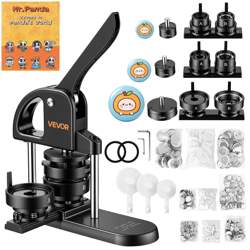 VEVOR Manual Badge Maker Machine - 1"/1.25"/2.25"(25/32/58mm) Pin Crafting Tool, Durable Black, 300pcs Button Parts, Circle Cutter, Magic Book, Ergonomic Handle, Easy Mold Changes, 95%+ Success Rate, for Family DIY, Keychains, Fridge Magnets, Panda Theme