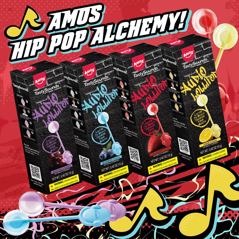 Amos TastySounds Audio Lollipops - Hip Hop Music Lollipop in Grape, Blueberry, Strawberry & Lemon - Sweet Snack Candy