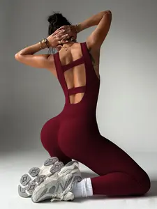 Women's Sporty Sleeveless Yoga Bodysuit, Backless Stretchy Breathable Gym Wear, Tight-Fit Above Ankle Activewear for All Seasons, Backless Sports Jumpsuit