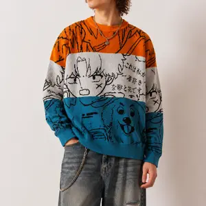 Men's Unisex Crew Neck Pullover Sweater Menswear Tops with Artistic Multi Color Colorblock Jacquard Knit, Premium Soft Fabric, Loose Fit, Ultimate Comfort for Casual Autumn Days Man Menswear Tops Stylish