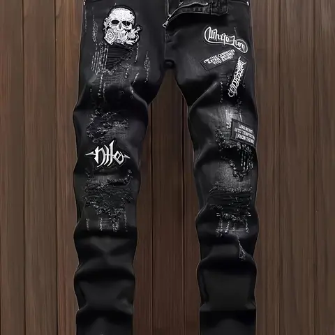 New Ripped Straight Leg Jeans for Men, Pants, Biker Jeans, Graphic Jeans, Trendy Distressed Print Denim Jeans, Streetwear, Casual Fashion for All Seasons, Comfortable Fit