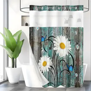 LVRLVR 1pc Farmhouse Teal Wood Daisy Butterfly Shower Curtain with Sheer Top Window, Detachable Liner & No Hook C-Ring, 70.8" x 74"