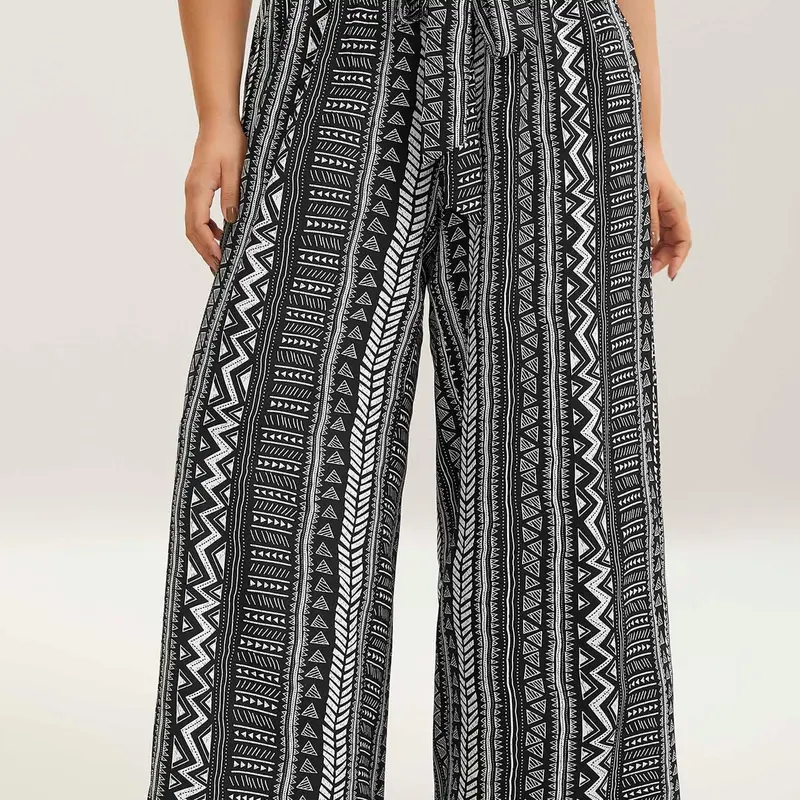 BloomChic Waist-Tie Wide-Leg Boho Print Pants 【M-6XL】