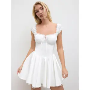 Cider Sweetheart Lettuce Trim Ruffle Knotted Mini Dress