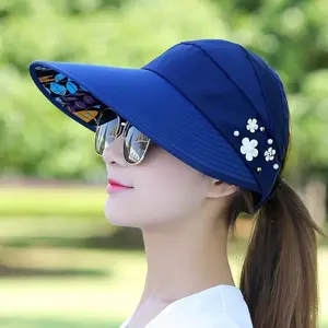 Women's UV Protection Sun Visor Hat, Wide Brim Foldable Pearl Decor Beach Cap, Quick-Dry Lightweight Ponytail Sun Hat for Summer Outdoor Travel Golf