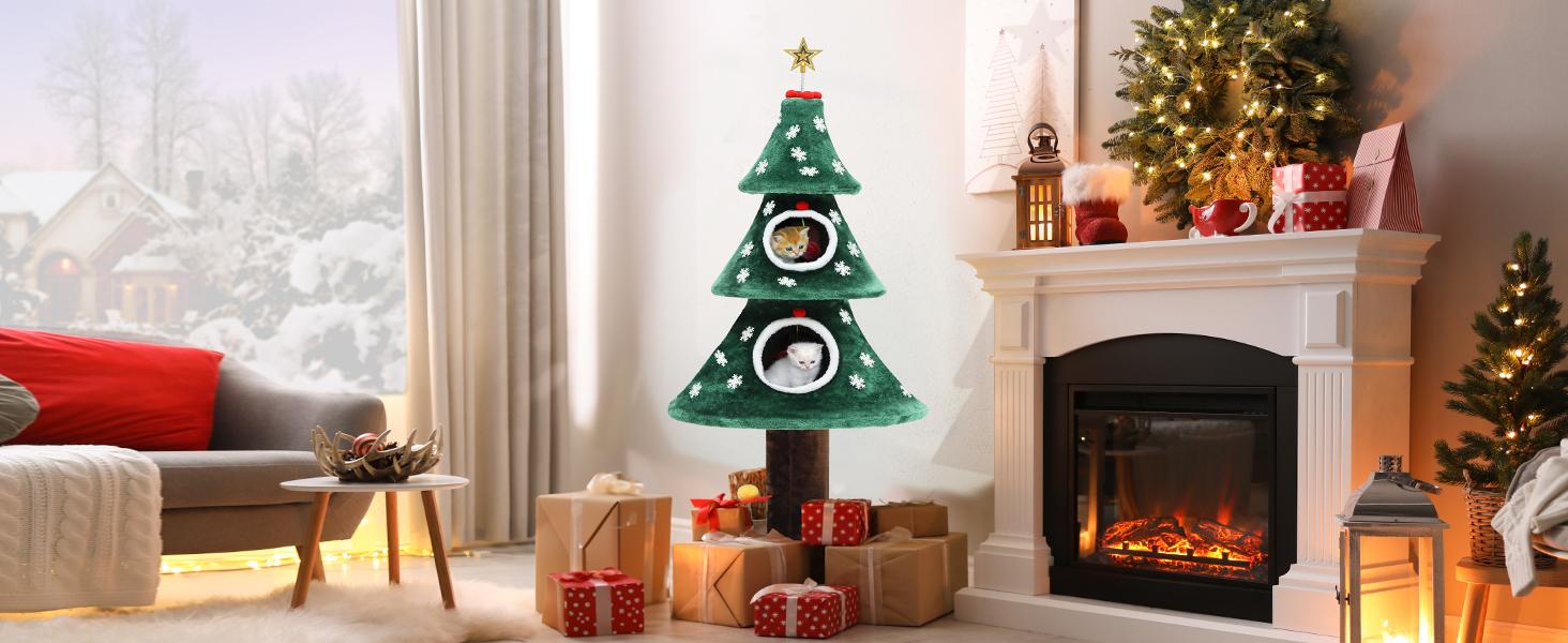 Yitahome Red Green Cat Tree with Cat Teaser Toy, Cat Tower for Indoor Cats with Cat House, Tree Design with Plush Ball for Cats