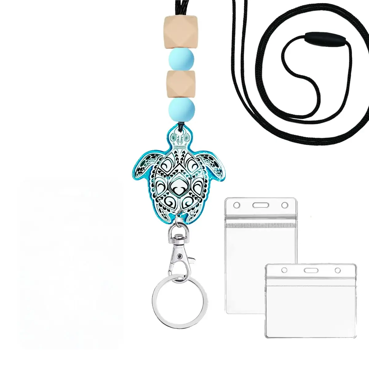 Blue Turtle Teacher Lanyard with ID Keychain, Cute Silicone Beads, Vertical Card Protector, ID Badge Holder, Cute Lanyards for ID Badges, Ideal for Office, Travel, Shopping, Parties