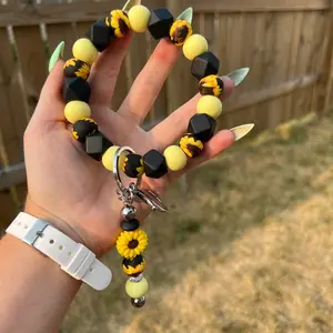 Black and Yellow Sunflower Beaded Silicone Wristlet Keychain