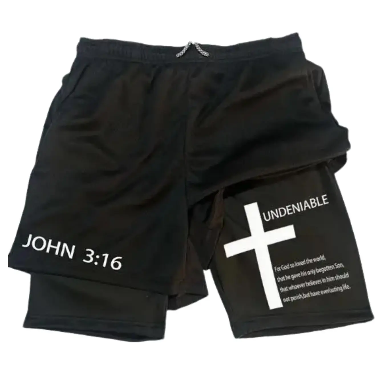 JOHN 3:16 Cross Shorts Print 2-in-1 Athletic Shorts Black Unisex Sports Double-Layered Inner Shorts Drawstring Design Men Women Basketball Shorts Pocket