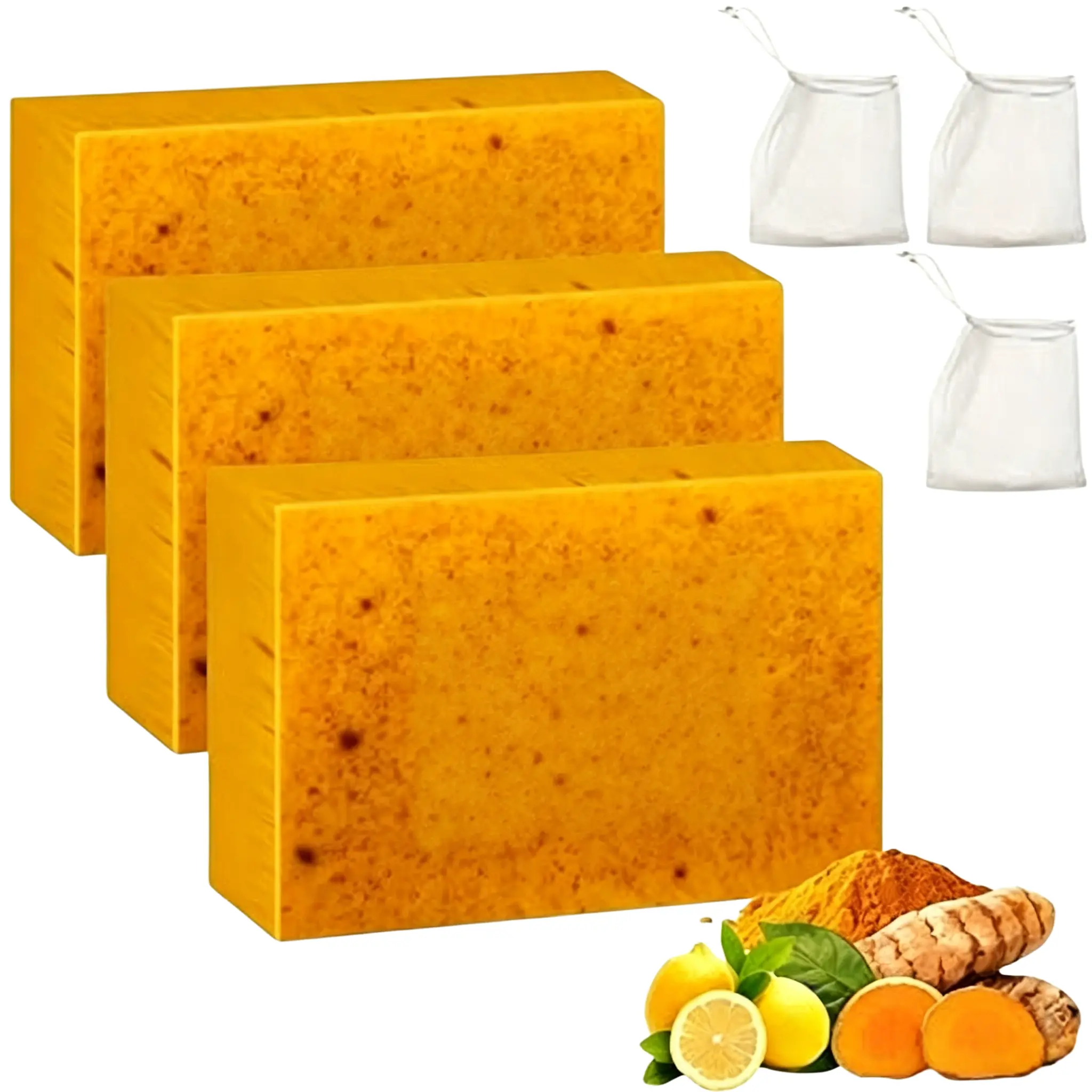 【3 PCS】Lemon Turmeric Soap, Natural Organic Turmeric Face and Body Wash Soaps Bar, Lemon turmeric Glowing Skin Care Soap, Deep Clean, Firm Pores, Even Out Skin Tone Suitable for Mother's Day gifts