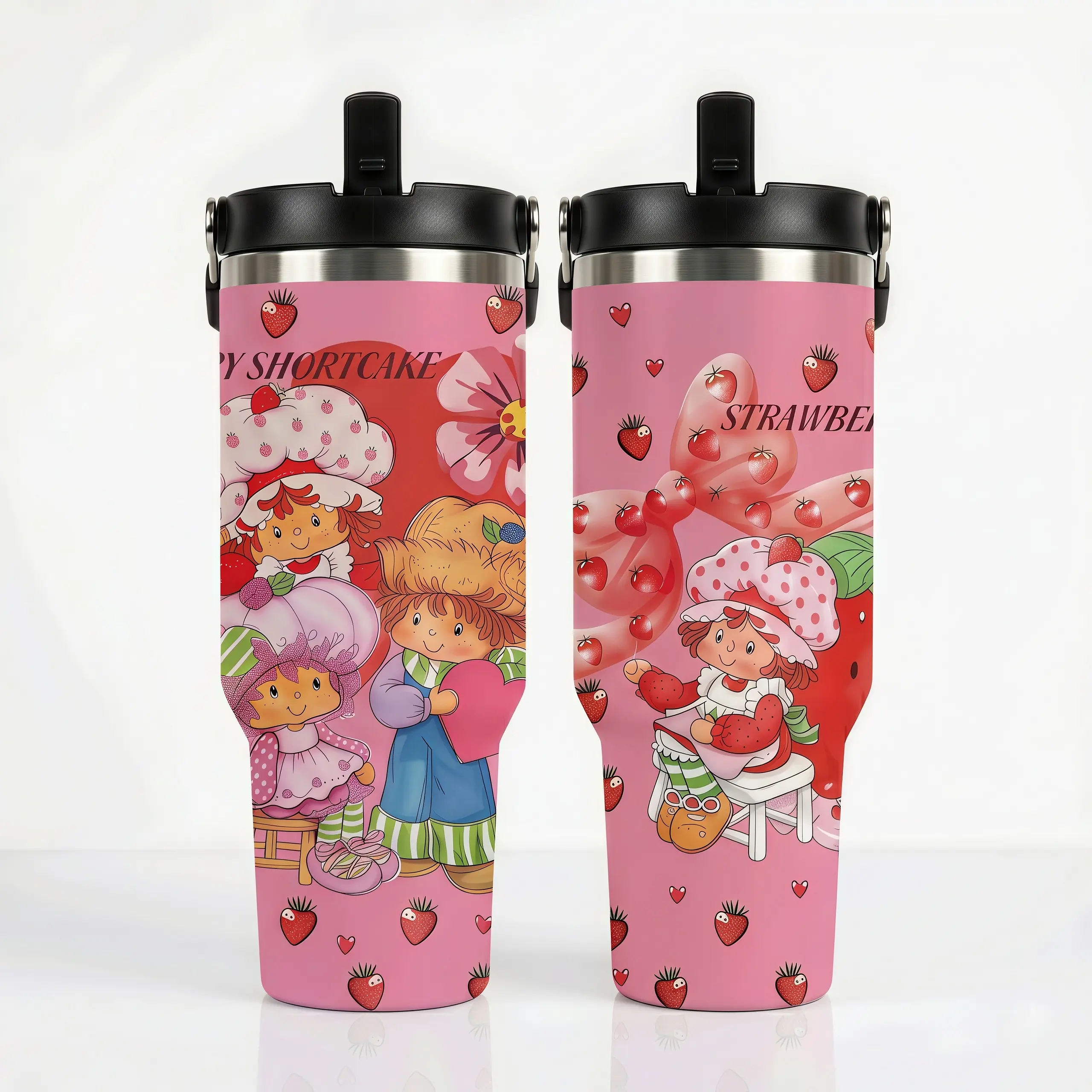 30oz (887ml) Stainless Steel Retro Strawberry Girl Pattern Tumbler with Lid, Portable Fold-Handle, 80s Nostalgic Aesthetic Car-Friendly Travel Mug, 24H Cold Retention Gift for Women (Mother's Day Option), Tumbler -A