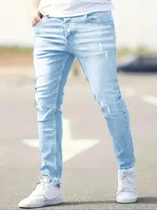 Men's Regular Fit Solid Color Light Wash Pocket Jeans, Casual Comfy Denim Streetwear Pants for Daily Wear, Woven Bottoms for All Seasons, Cotton