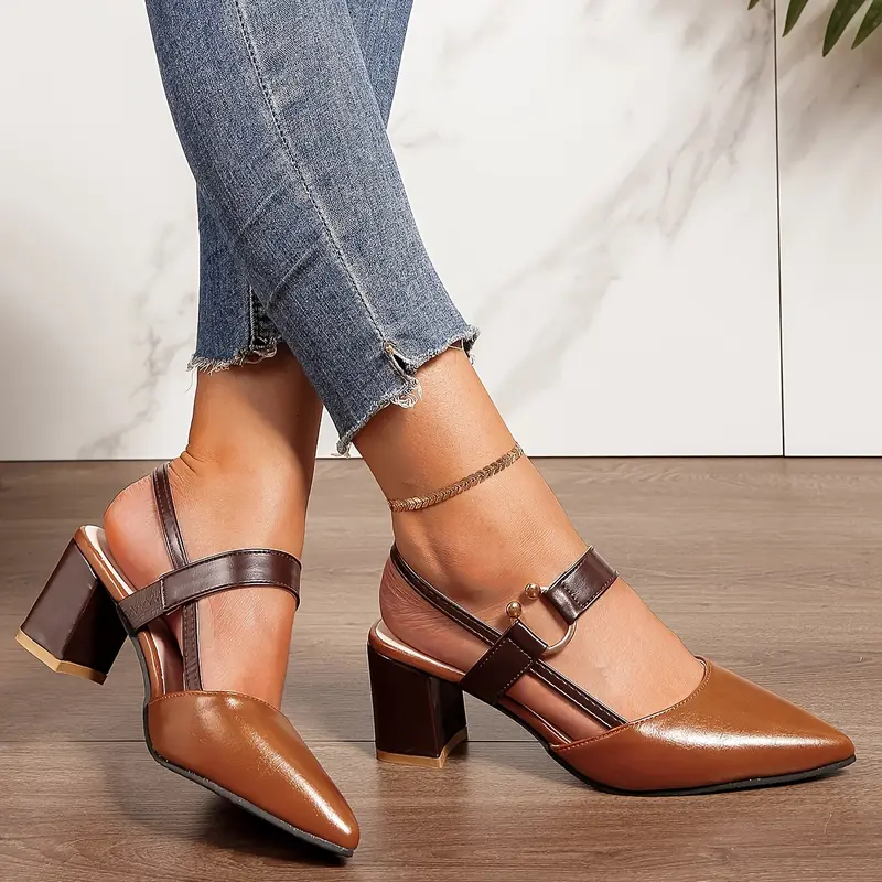 Women's 2026 Spring-Summer Block Heeled Sandals - Pointed-Toe Mid-Heel (3-5 cm) Ankle Shoes, Closed-Toe Single-Strap Adjustable Buckle, Classy Elevated Sandals, Casual Daily Fashion Elegant Footwear (Brown)