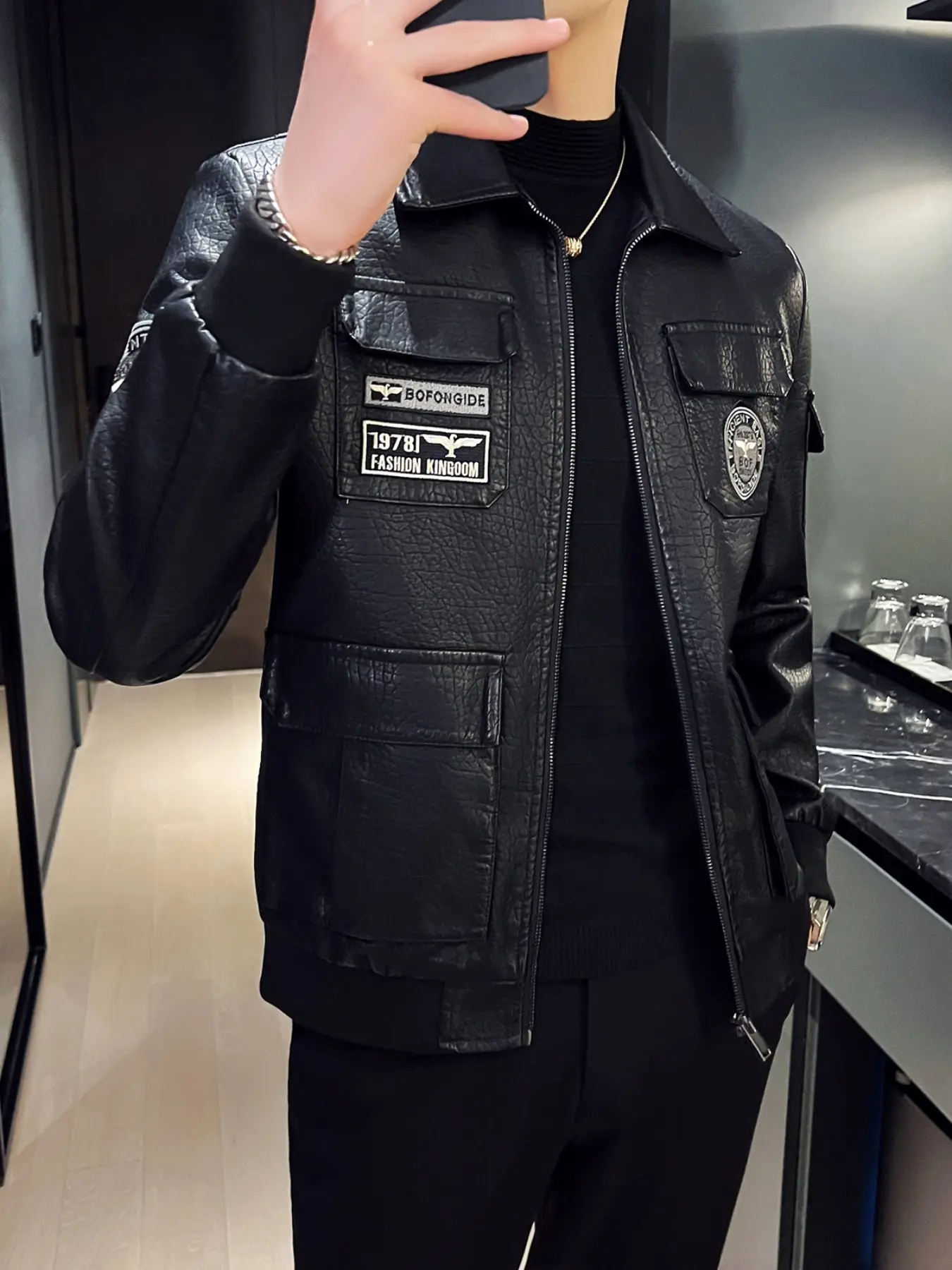 Men's Faux Leather Patchwork Jacket, Zip Up Jacket, Embroidered Badge Biker Style, Vintage Collar Multiple Pockets, Urban Trend Casual Wear, Fitted, Pu Leather Coat, Patchwork Zipper Outerwear