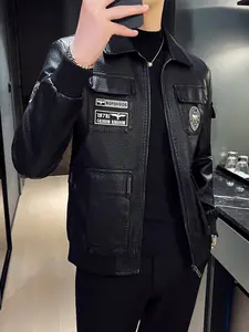 Men's Faux Leather Patchwork Jacket, Zip Up Jacket, Embroidered Badge Biker Style, Vintage Collar Multiple Pockets, Urban Trend Casual Wear, Fitted
