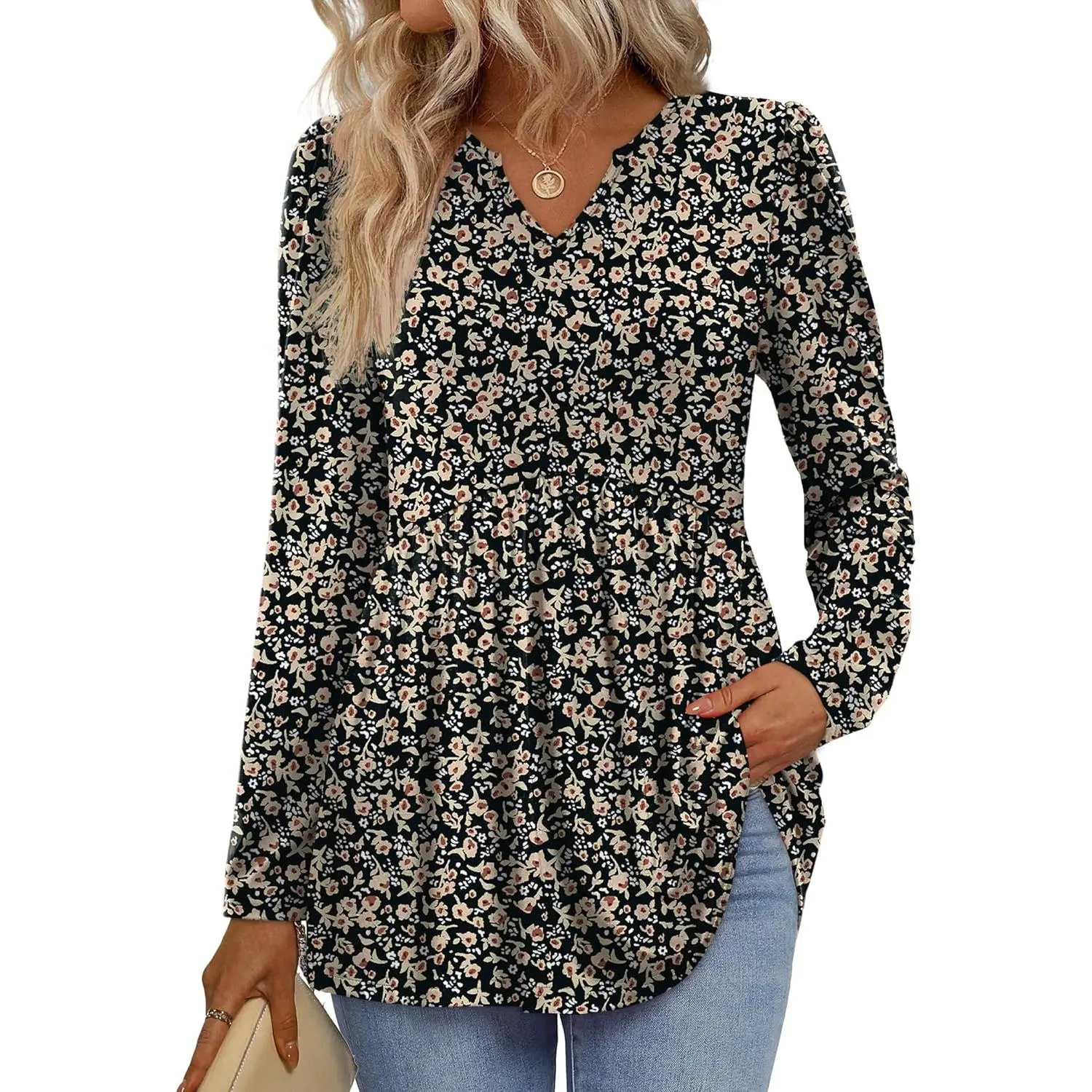 Women's Long-Sleeve Babydoll Peplum Blouse - V-Neck Fashion Clothes, Dressy Casual Outfits for Fall Longsleeves Tops, All Seasons
