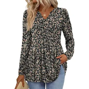 Womens Tops Long Sleeve Fall Shirts Babydoll Peplum Tops for Women V Neck Tunic Dressy Casual Blouses