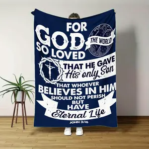 【Flannel Blanket】Christian Bible Verse Blanket- John 3:16 Verse- Navy Blue Religious Blanket with God'S Love- Soft Flannel Texture- Suitable for All Seasons, for Sofa, Bed, or Church Decoration- Machine Washable- Suitable for Home