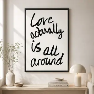 Mid Century Print Wall Art – 'Love Actually Is All Around' Handwritten Retro Typography Poster