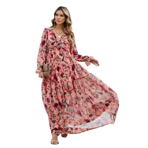 Women's Casual Floral Deep V Neck Boho Dresses Long Sleeve Ruffle Hem Evening Cocktail Dresses Smocked Beach Sundress