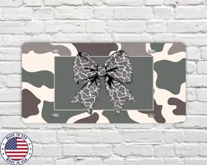 Camo Bow Vanity License Plate for Women | Cute Camo Car Tag | Girly Hunting Camouflage Aluminum Tag | Country Girl Gift