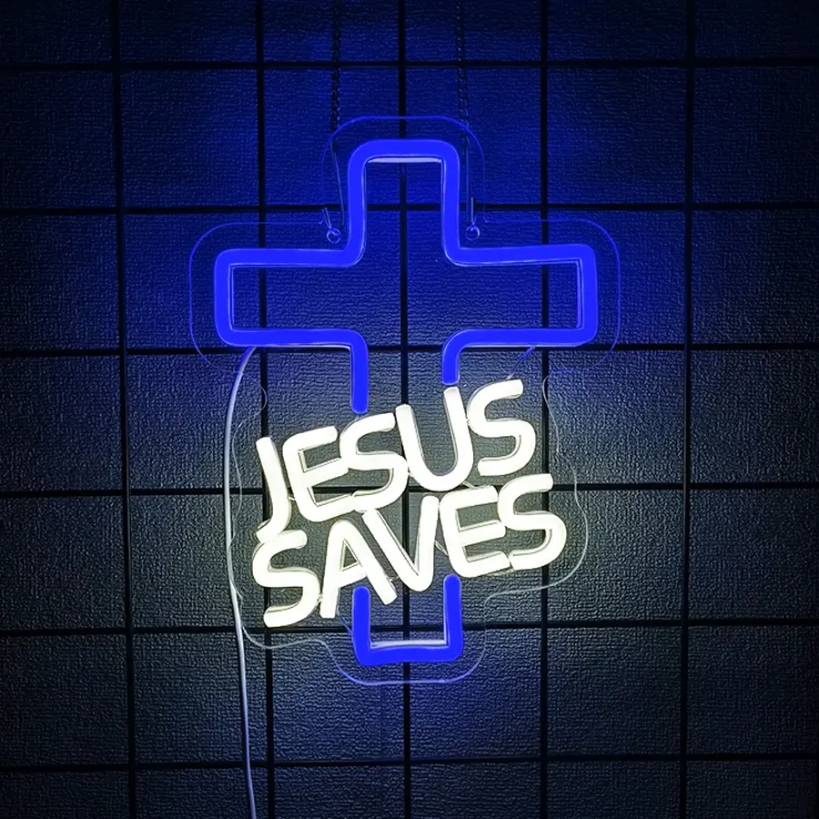Jesus Saves Neon Sign -  Powered  Cross Light with Feature for Bedroom, Wall, Christening, Christmas, Kids Birthday Party Decor Led Neon Lights