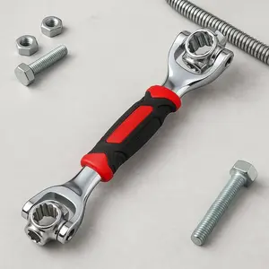 48-in-1 Universal Socket Wrench Tool - 360° Rotating Head, Fits Multiple Bolt Types, Heavy-Duty Carbon Steel, Black and Red, 19 oz