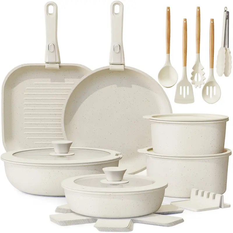 Astercook 22pcs Modern Ceramic Aluminium Non-Stick Cooking Set - Removable Handle for Easy Cleaning, Oven-Safe, Stackable, Dishwasher-Safe - Frying Pan, Steam-Ready Pot - Black Friday Deals Household Kitchenware