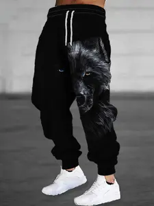 Men's 3D Wolf Head Print Sweatpants with Drawstring and Pockets: Casual Stretch Polyester Sweatpants with Chinese Dragon Pattern, Stylish Design.