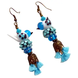 White Birds with Blue Tassels Handmade Earrings Artisan Lampwork Boho Beauties