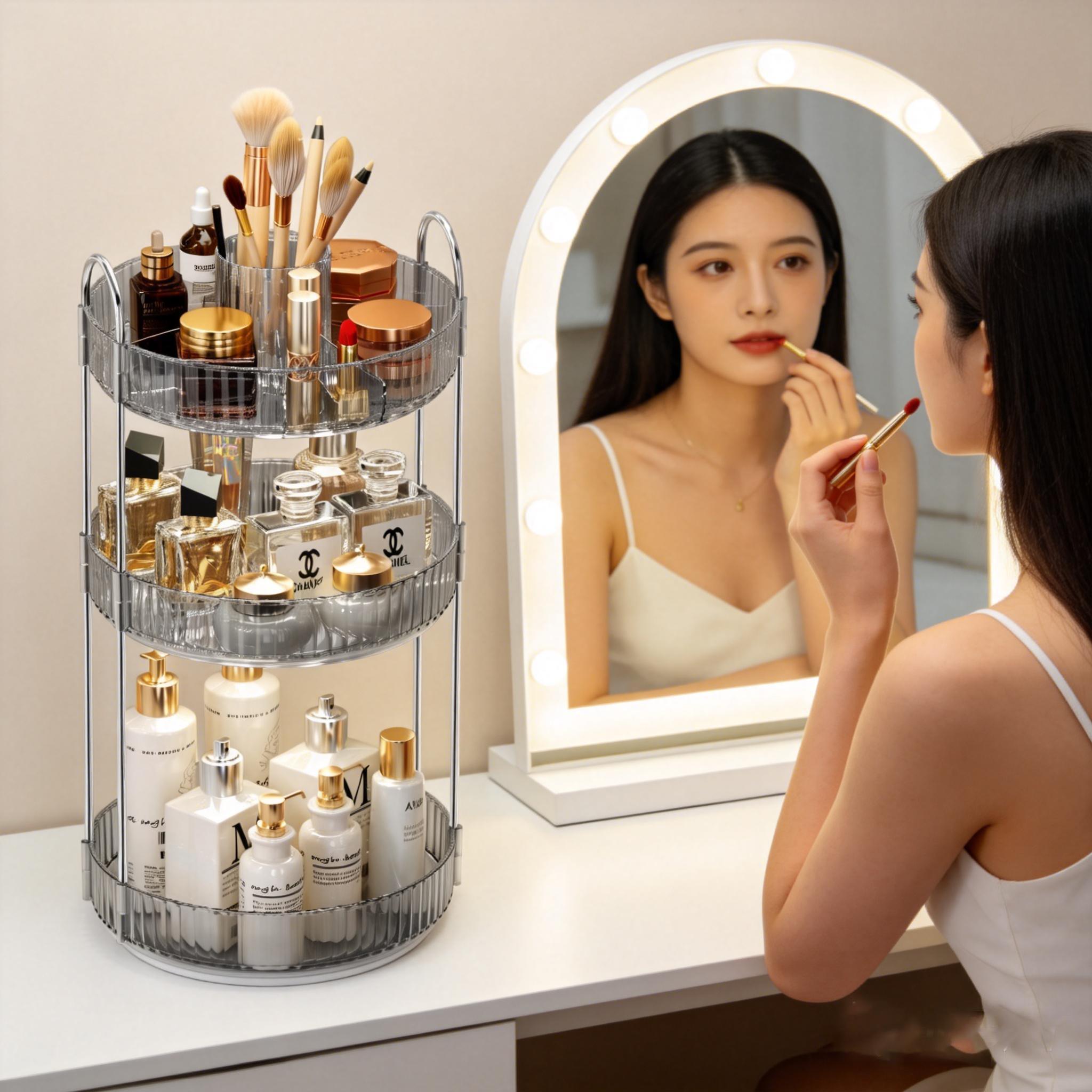 Rotating Makeup Organizer 360° Spins Easily & Sturdy 3-Tier Storage for Cosmetics and Skincare with High-Transparency PET Shelves and Powder-Coated Steel Frame