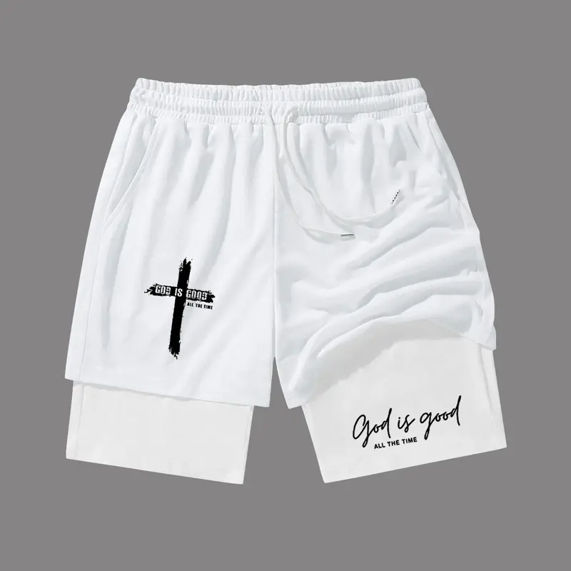 Teen Boys' God Is Good Print Drawstring-Waist Mesh, Multifunctional Breathable Casual Graphic Shorts for Spring & Summer, Perfect Gift