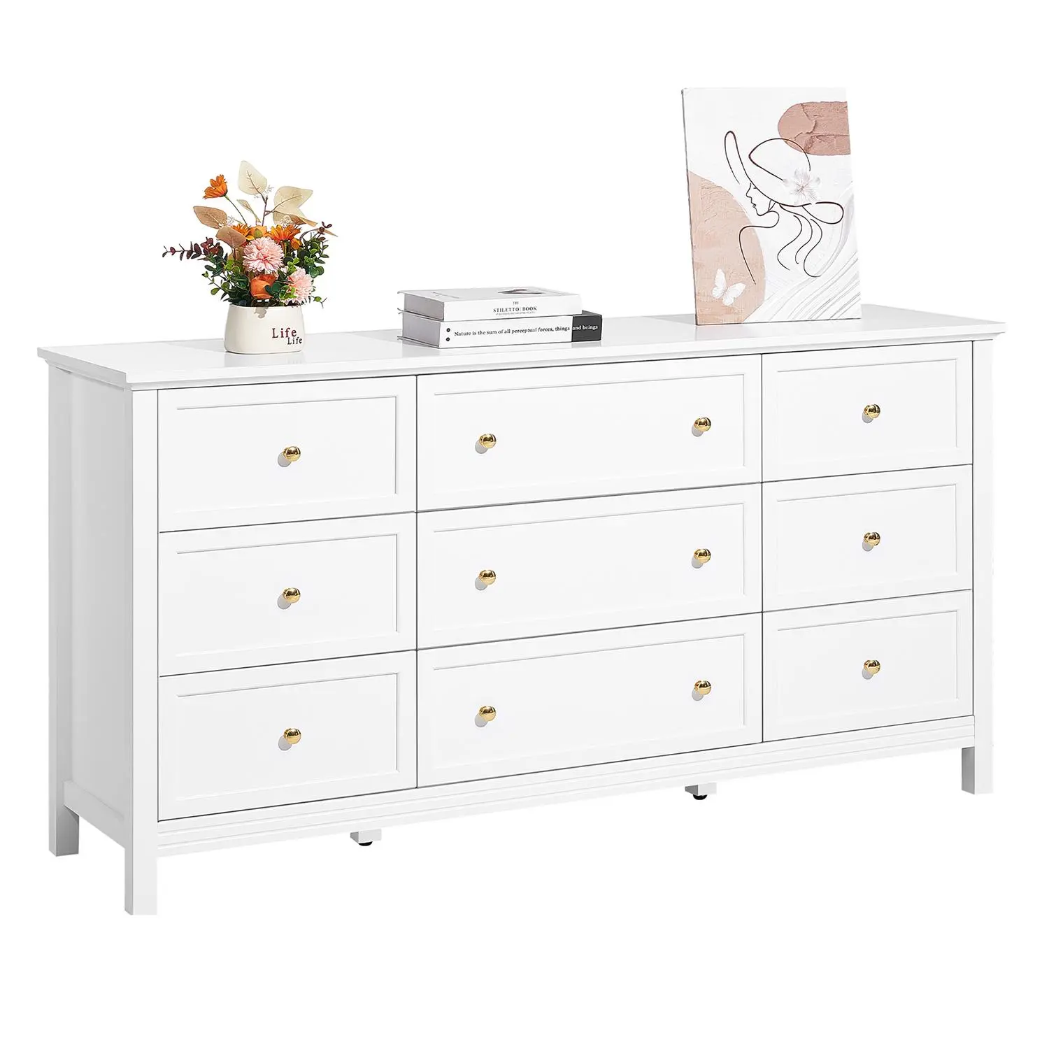 VEVOR Retro Minimalist 9-Drawer Rectangle Particle Board Wood Chest, Sliding Function, Anti-Tip Device, 150 lbs / 68 kg Capacity, 40 lbs Drawer Load, Stable, Bedroom Vanity Storage Organizer, Father's Day Gifts, Easy Setup