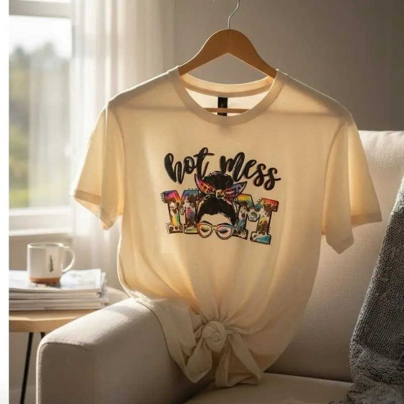 Hot Mess Tee - Natural Tan Beige Color Graphic T-Shirt with Bold Lettering Fun Design Medium Size Light Cotton Stretch DTF Pressed