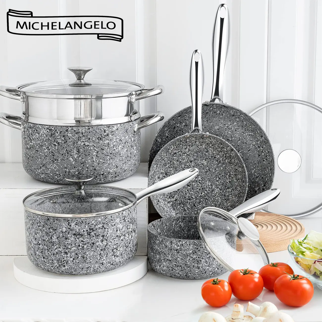 MICHELANGELO 10-Piece Nonstick Cookware Sets, Stone-Derived Granite Coating Pots and Pans for Kitchen Use