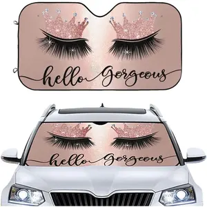Hello Gorgeous Car Windshield Sunshade, Pink Crown Eyelash Front Window Sun Shades, Folding Block UV Rays Sun Visor Protector, Sun Shield for Car Sedan Truck SUV Cute Auto Accessories 51x27.5 in
