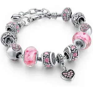 Pink Hearts Silver Charm Bracelet Set - Adjustable Snake Chain with Crystal Charms & Beads, Jewelry Gift for Her, Fits 7.5"+1.5"