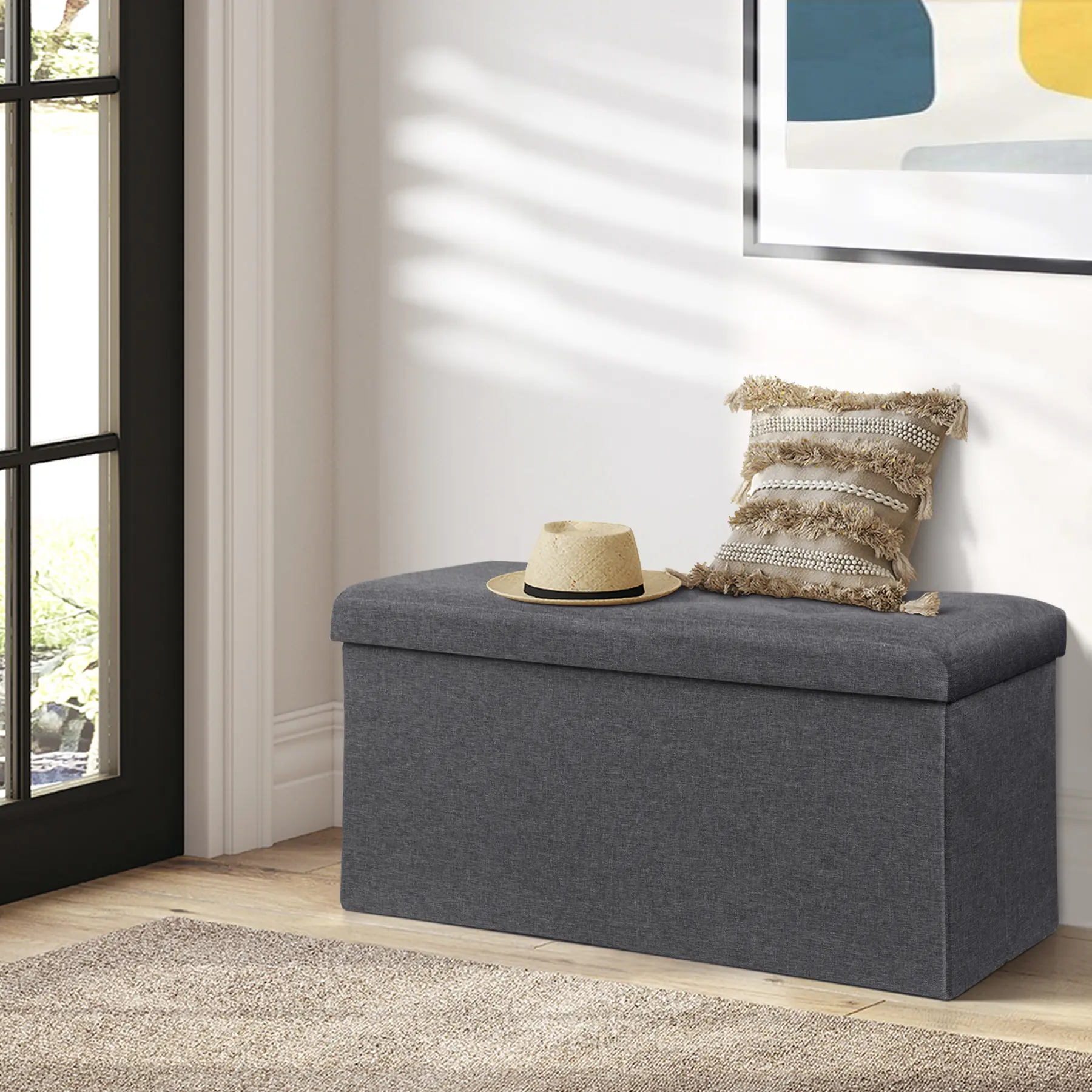 ZENY 30'' Linen Folding Storage Ottoman Bench - Built-In Compartment, Compact, Large Capacity, Multi-Setting, Modern Padded Stool, Footrest Seat, 660lbs Weight Limit, Dark Gray for Bedroom, Living Room, Storage Organization