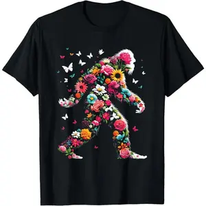 100% cotton Floral Bigfoot - Vintage Colorful Flowers Sasquatch Lover T-Shirt