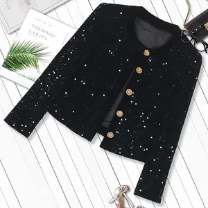 Fashion Soft Women Tops New Long Sleeve Velvet Sequins Round Neck Metal Button Punk Coats Casual Womenswear