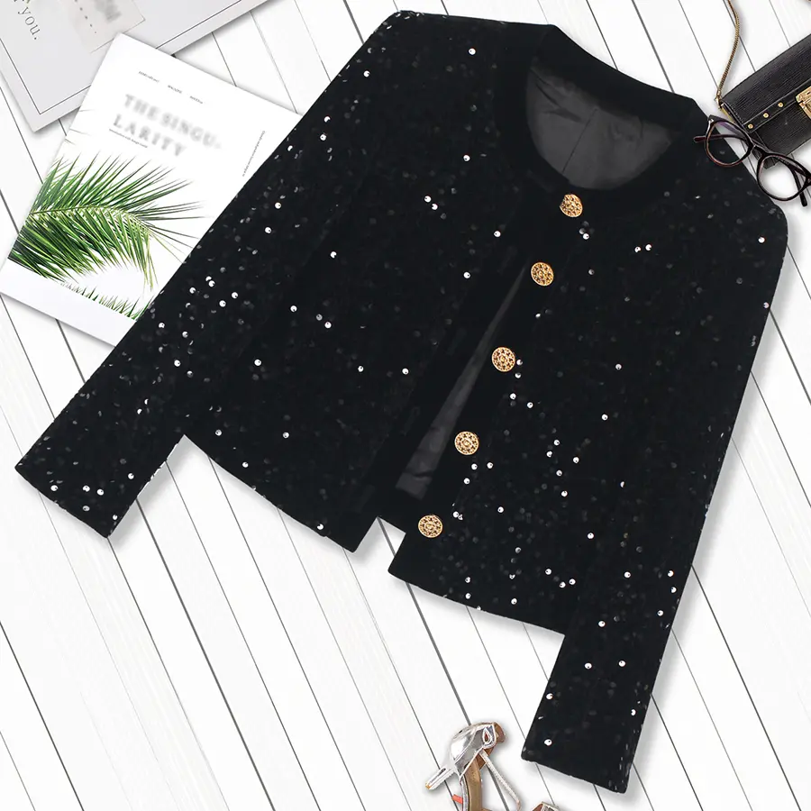 DS Unique Design Women's Punk Polyester Velvet Sequin Jacket, Retro Street Style with Crew Neck, Long Sleeves and Metal Buttons, Sequins, Fitted, Blouse, Cold Wash