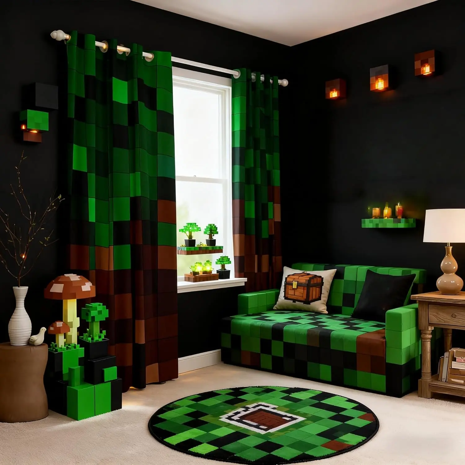 Pixelated Blackout Curtains,Patchwork Grid Video Games Window Drapes,Miners Lattice Simple Nursery Bedroom Playroom Decor,Dark Green Brown Panels