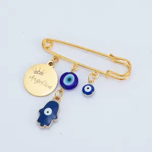 Personalized Evil Eye Pin – Custom Name Safety Pin with Hamsa Hand & Crystals | Baby & Adult Protection Brooch | Handmade Lucky Charm